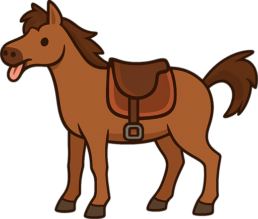 horse with tongue sticking out with saddle
. No background. Transparent background. Blank background. No shadows. 2d. In-Game asset. flat