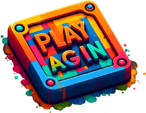 A colorful rectangular button with the text "Play Again" with each letter in a different color picked from a nice palette..
Single Game Texture. In-Game asset. 2d. Blank background. High contrast. No shadows.
