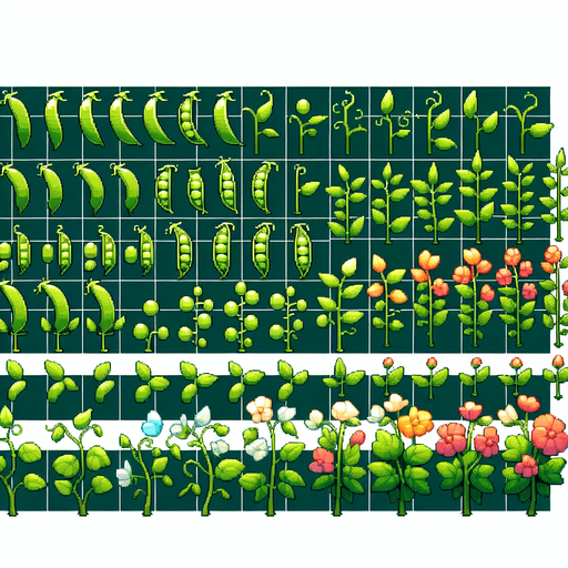 A spritesheet showing a pea plant in various stages of germantion, from pea over sapling and to full grown plant with colorful flowers, and then with ripe pea pods. The sprites should be laid out in a rectangular grid with blank space between them..
Single Game Texture. In-Game asset. 2d. Blank background. High contrast. No shadows.