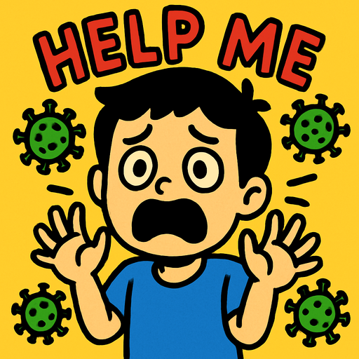 a scared kid from corona virus say help me.
In-Game asset.  2d.  High contrast.  No shadows