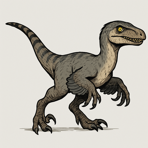 A small and agile Velociraptor dinosaur covered in smooth, sleek feathers in muted tones of gray and tan, with darker stripes along its back. The arms have wing-like feathers, and the long tail is fully feathered for balance. Its narrow head features a slightly curved snout, sharp teeth, and intelligent, bright eyes. The feet have curved sickle-shaped claws, emphasizing its speed and deadly precision. Real style.
In-Game asset.  2d.  High contrast.  No shadows