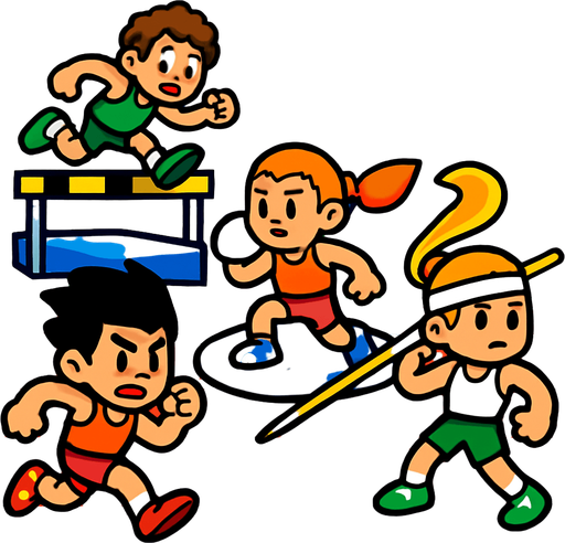 has personajes animados estilo arcade en un ambiente de juesgo olimpicos.
In-Game asset.  2d.  High contrast.  No shadows