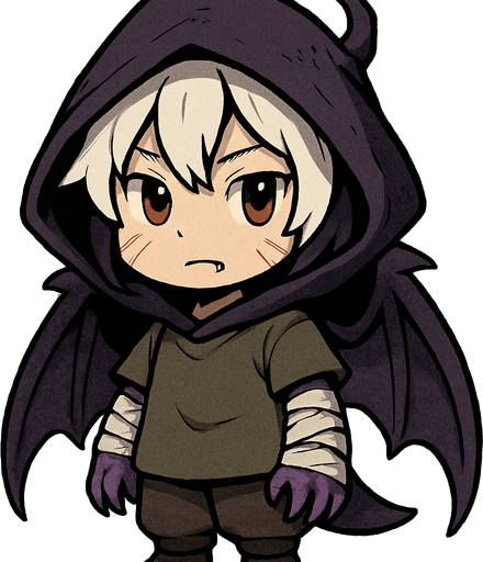 Un manakete en estilo chibi/cuerpo completo. Se ve como un niño pequeño con cabello blanco desordenado. Sus alas de dragón, morado oscura y membranosas, están enrolladas alrededor de su cuerpo como si fueran una capucha, dándole un aire misterioso. Viste ropa casual y simple, algo holgada, que oculta sus verdaderos atributos. En sus brazos lleva vendas mal puestas, apenas cubriendo las escamas moradas de dragón que intentan asomarse bajo ellas, garras en las manos. En cada mejilla tiene tres marcas visibles como arañazos, y un colmillo visible. Su expresión es inocente pero enigmática, transmitiendo que no es un simple niño. El estilo es chibi pero con un aire ligeramente oscuro y mágico..
In-Game asset.  2d.  High contrast.  No shadows