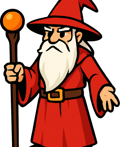 a wizard with a red dress, a hat, a long white beard and his whole body.
In-Game asset.  2d.  High contrast.  No shadows