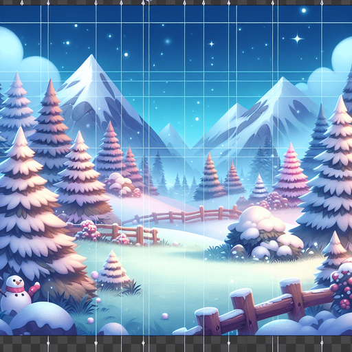 Christmas landscape scene, soft colours. Blank background. High contrast. No shadows. Single Game Texture. In-Game asset. 2d. Blank backgroud Single Game Texture. In-Game asset. 2d. Blank background. High contrast. No shadows.