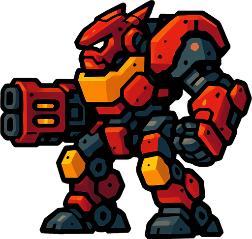 Aggressive strong big robot 2d game right side.
In-Game asset.  2d.  High contrast.  No shadows