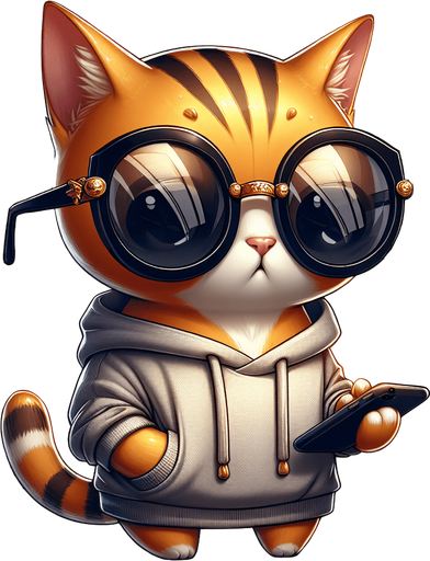 The character in the image is a cartoon-style, orange tabby cat with noticeable stripes, wearing oversized, round, dark opaque sunglasses. Its body is smaller compared to its head, emphasizing a cute, chubby appearance. Dressed in a simple, light-colored hoodie with a drawstring, this cat, equipped with a digital device and papers scattered around, embodies the essence of a stock tracker in a state of urgency, trying to sell tokens rapidly. With its paws depicted as if managing multiple tasks at once, the character combines a playful and whimsical style with the dynamic, sometimes chaotic world of trading, making it an engaging mascot or protagonist for narratives exploring the fast-paced realm of finance..
Single Game Texture. In-Game asset. 2d. Blank background. High contrast. No shadows.