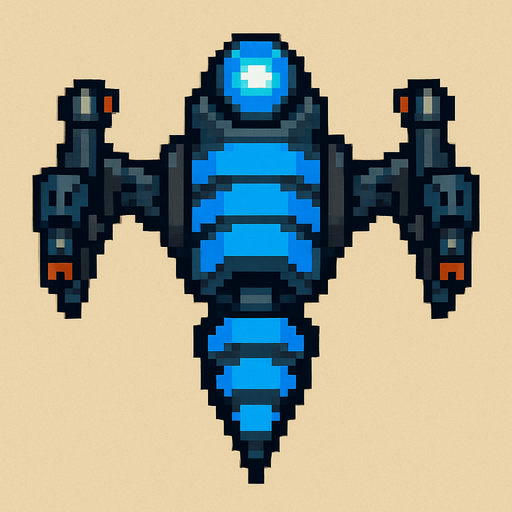 top down pixel art of an aggressive war drone with blue wasp stripes with a blue light on top.
In-Game asset.  2d.  High contrast.  No shadows