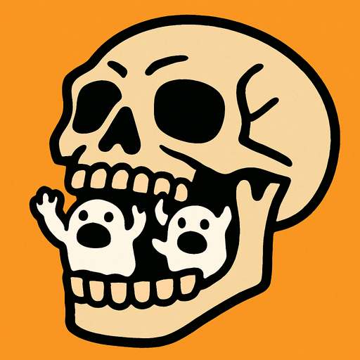 cabeza de esqueleto con montruos blancos en la boca.
In-Game asset.  2d.  High contrast.  No shadows