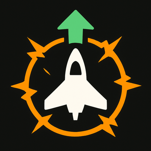 Symbol for space ship upgrade nova force field around it, with an white spaceship and orange electric circle surrounding it and an green arrow pointing up.
In-Game asset.  2d.  High contrast.  No shadows