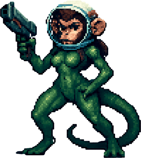 pixelated style very sexy horror space monkey fighter character. Her sexy body looks lizard.  In-game asset. Full picture of character.
In-Game asset.  2d