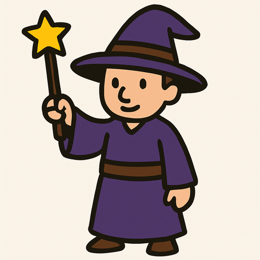 Mago con sombrero morado oscuro y marrón sin barba con varita con estrella, de cuerpo entero.
In-Game asset.  2d.  High contrast.  No shadows