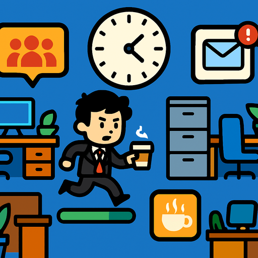 Fullscreen modern App Store landscape banner, 16:9, high definition, for a game titled "FOMO Simulator: The Meeting That Could've Been An Email" and with the description "A fast-paced office simulator where you collect meetings, emails, and notifications while managing your energy levels. Strategic decisions must be made about which workplace items to prioritize as your energy depletes. Grab coffee for boosts, avoid missing important meetings, and survive the chaotic 60-second workday!". No text on banner!.
In-Game asset.  2d.  High contrast.  No shadows