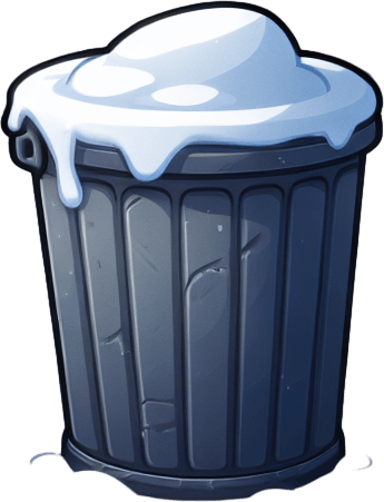 Мусорный бак стоит в снегу. Мультяшный.
Single Game Texture.  In-Game asset.  2d.  Blank background.  High contrast.  No shadows