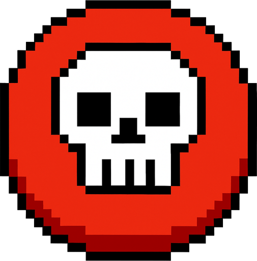 un boton rojo con una calavera de pixeles.
In-Game asset.  2d.  High contrast.  No shadows
