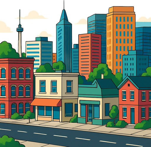 realistic mixed city.
In-Game asset.  2d.  High contrast.  No shadows