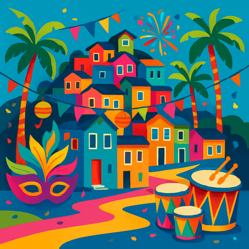 A Rio-style cityscape with colorful houses, palm trees, and carnival decorations. Bright and fun atmosphere for samba drums..
In-Game asset.  2d.  High contrast.  No shadows