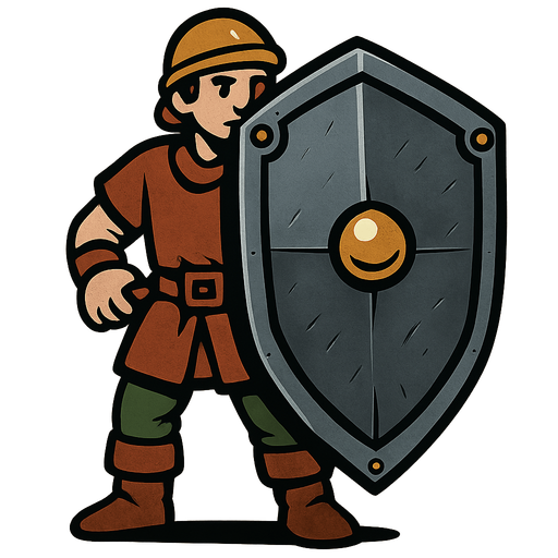 Human with a big iron shield.
In-Game asset.  2d.  High contrast.  No shadows