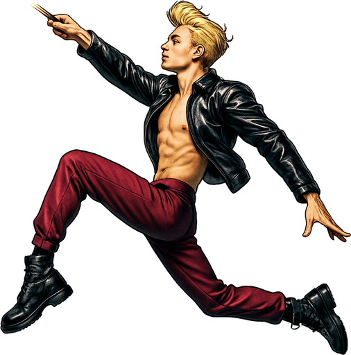 Swishy graceful man opposite arm and leg in front Cyberpunk manga, side profile view jumping pushing off the ground one leg extended one knee raised arm extended overhead Superman flying but fashion pose looking skyward torpedo magic launching leap jump, shiny black leather biker jacket longsleeves shirtless Skinny abs blonde pompadour guy, wine red joggers combat boots, Background removed, "Full-body character, entirely in frame, no cropping of face, head, or feet" "Complete character visible, from head to toe, fully centered in the image" "Entire character, including face and boots, fully within the frame" Character fully contained within a square frame, no edges cut off fashion model idle action pose