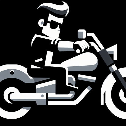 motosiklet kullanan havalı adam.
Single Game Texture. In-Game asset. 2d. Blank background. High contrast. No shadows.