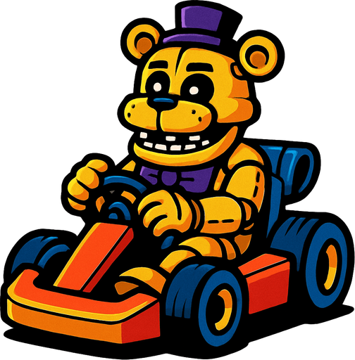 Un oso dorado animatronico en un kart.
In-Game asset.  High contrast.  No shadows