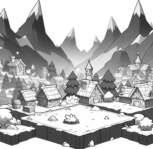 Epic background of a grinch village in the mountains, cartoon Single Game Texture. In-Game asset. 2d. Blank background. High contrast. No shadows.
