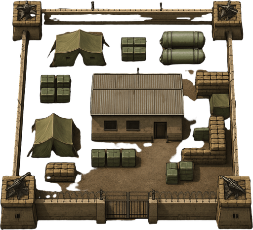 Askeri karakol, üstten görünüm, gerçekçi, yazısız.
In-Game asset.  High contrast.  No shadows