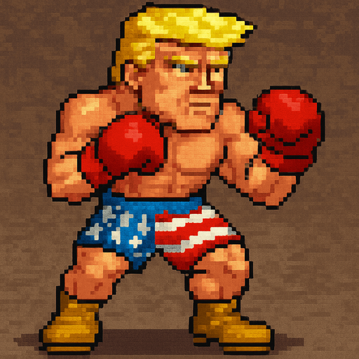 pixel streetfighter style blonde american fighter, looked like donald trump, with american flag short, and boxing gloves