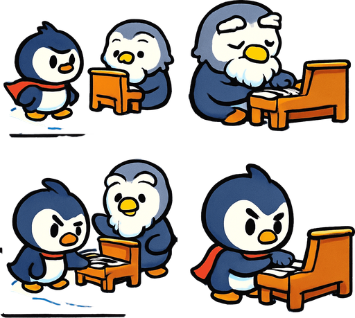 4-panel comic strip, no text, cute cartoon style, bright colors, black outlines.
Characters: Penguin Hero (small, determined) + Penguin Princess (elegant, crown) + Village Penguins
Central Theme: Music connects hearts, piano mastery wins love. Story: Old wise penguin teaches Hero about music and courage

Panel 1: Hero meets old penguin with small piano on ice floe
Panel 2: Old penguin demonstrates simple piano scales, notes are warm/golden
Panel 3: Hero tries playing, makes mistakes but old penguin encourages
Panel 4: Hero practices with determination, musical notes getting brighter.
In-Game asset.  2d.  High contrast.  No shadows