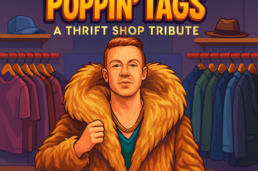 Fullscreen modern App Store portrait banner, high definition, for a game titled "Poppin' Tags: A Thrift Shop Tribute " Macklemore in picture