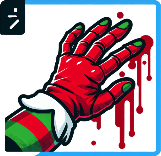 bloody christmas elf glove tapping at screen clipart. Just the glove.
Single Game Texture. In-Game asset. 2d. Blank background. High contrast. No shadows.