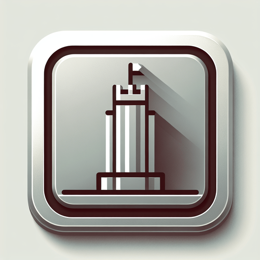 A square metal button with the image of a tower. Single Game Texture. In-Game asset. 2d. Blank background. High contrast. No shadows.