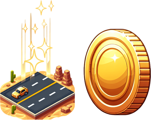 I need a 2D coin asset for my street racing game on the UPIT FRVR platform. Please provide:

A collectible coin with a shiny, gold appearance

Optional details: glow, sparkle, or animation frame for spinning

It should be easily visible on the road, with good contrast on desert backgrounds

Scalable and loopable for pickup patterns

Style: cartoony or arcade-friendly, matching fast-paced racing gameplay.
Single Game Texture.  In-Game asset.  2d.  Blank background.  High contrast.  No shadows