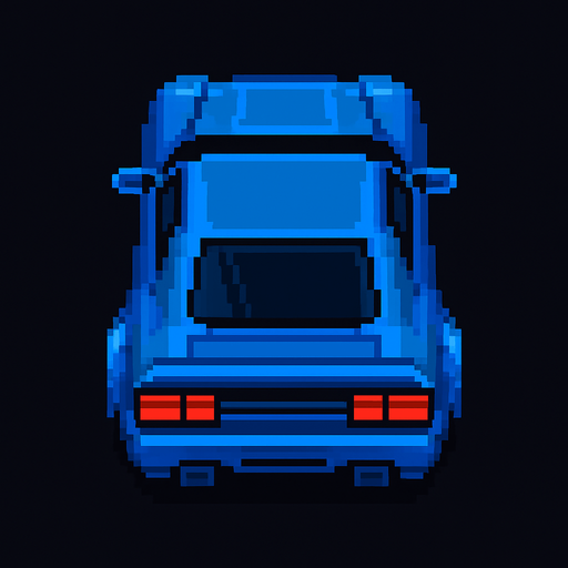 carro azul deportivo con la perspectiva hacia arriba.
In-Game asset.  2d.  High contrast.  No shadows hecho con pixeles acelerando con perspectiva trasera sin el rastro