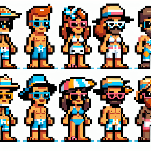5 cartoon 8 bit beachy characters.
Single Game Texture. In-Game asset. 2d. Blank background. High contrast. No shadows.