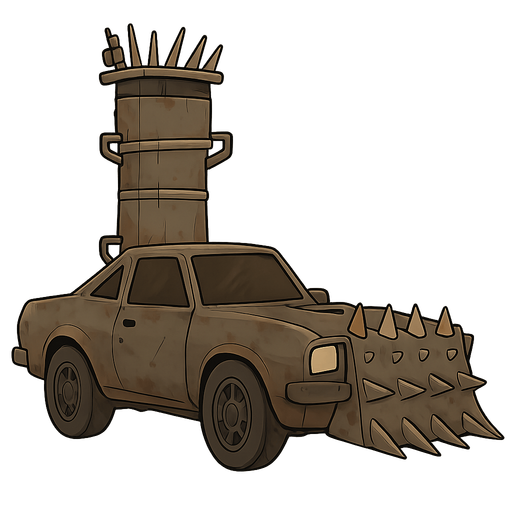 A Mad Max style car will be old and have a metal spiked plate on the front. No background. Transparent background. Blank background. No shadows. 2d. In-Game asset. flat