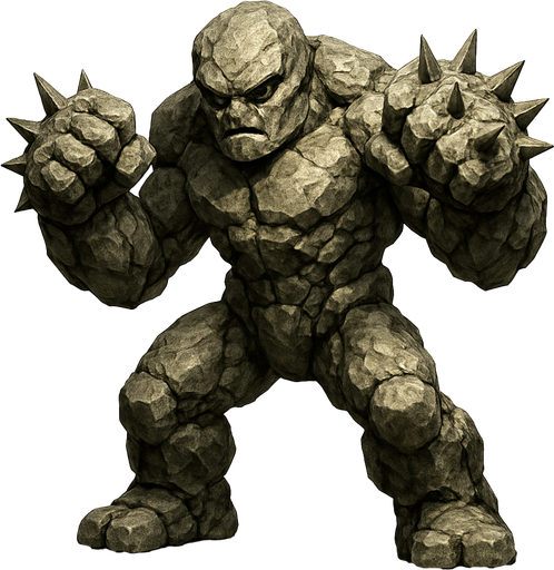 un golem de piedra listo para pelear con puños con puas ultra realista.
In-Game asset.  2d.  High contrast.  No shadows