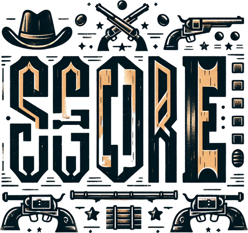 western inspired letters that spell "Score".
Single Game Texture. In-Game asset. 2d. Blank background. High contrast. No shadows.