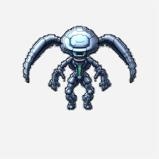 Alien enemy, adopted to space, flying down
Game Texture. In-Game asset. 2d. Pixelart. White background. Blank background. Low detail. High contrast.