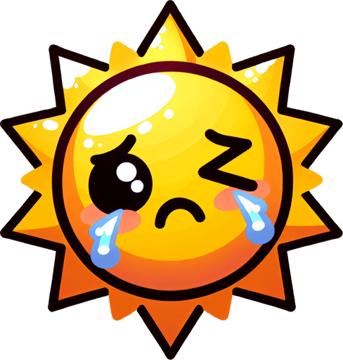 bright sun with wincing cartoon face and a black eye.
Single Game Texture.  In-Game asset.  2d.  Blank background.  High contrast.  No shadows