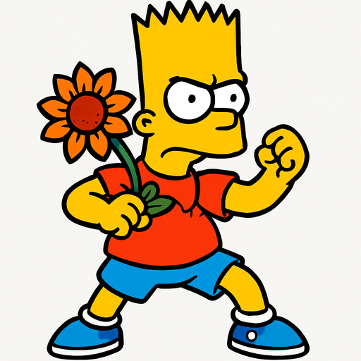 Bart in a fighting pose with a flower's head in his shirt.
In-Game asset.  2d.  High contrast.  No shadows