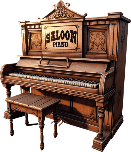 wild west  saloon piano real life.
Single Game Texture. In-Game asset. 2d. Blank background. High contrast. No shadows.