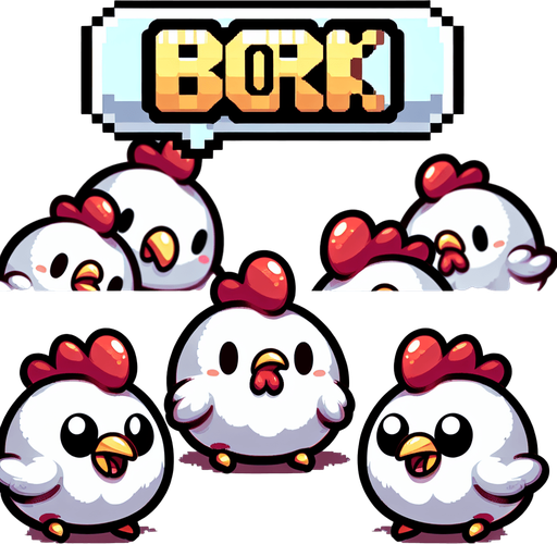 Chicken chicks with small bork speech bubbles.
Single Game Texture.  In-Game asset.  2d.  Blank background.  High contrast.  No shadows