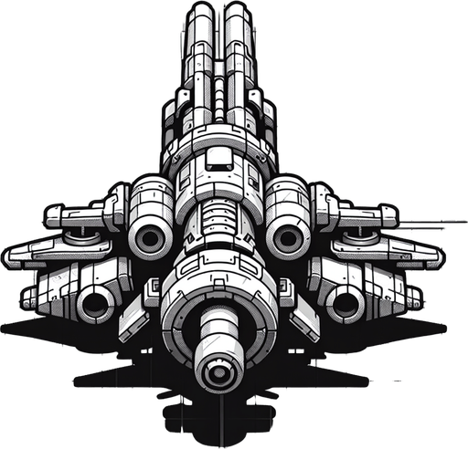 A hero space ship with cannon looking upwards.
Single Game Texture. In-Game asset. 2d. Blank background. High contrast. No shadows.