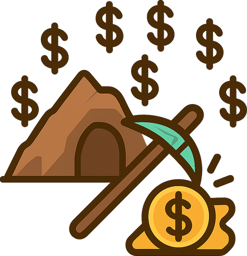 A diamond pickaxe resting on a mining icon, with raining dollar signs in the background. No background. Transparent background. Blank background. No shadows. 2d. In-Game asset. flat