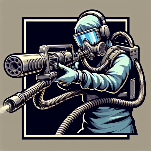 character with vaccum gun aiming front
  In-Game asset..
Single Game Texture.  In-Game asset.  2d.  Blank background.  High contrast.  No shadows