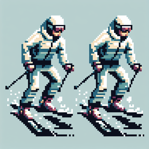 Pixel art of a Skiier. front view. side view..
In-Game asset. 2d. Blank background. High contrast. No shadows.