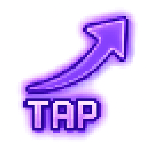 A pixel art arrow starting from a glowing "TAP" label in retro pixel font, pointing diagonally from the bottom right toward the upper left, as if guiding the player to tap that area. The arrow is sleek, with a smooth curve or angled segments, styled in purple or violet neon tones with a soft glow effect. The design matches a lo-fi rhythm game aesthetic. The "TAP" label is positioned at the tail of the arrow and glows subtly. No background — transparent..
In-Game asset.  2d.  High contrast.  No shadows