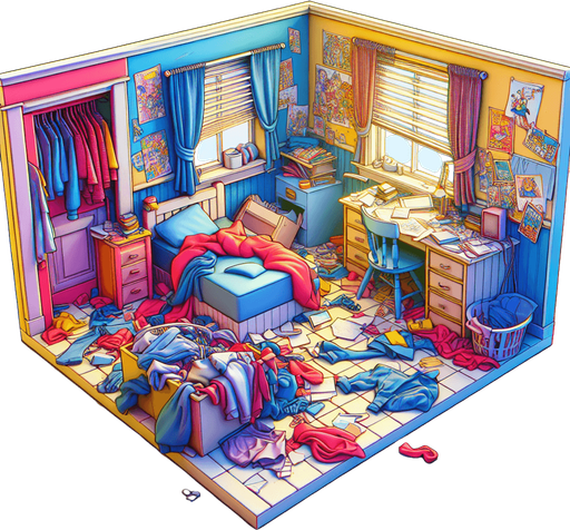 dağınık bir yatak odası, odanın içinden görünüm 3d renkli, çizgi film