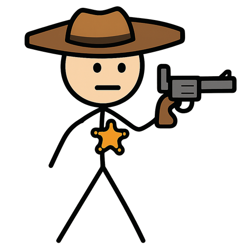 göğsünde bir şerif yıldızı olan silahlı bir stickman. No background. Transparent background. Blank background. No shadows. 2d. In-Game asset. flat